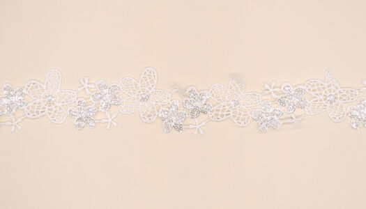 NASTRO MACRAME FIORI CON RICAMO MICRO PAILLETTES